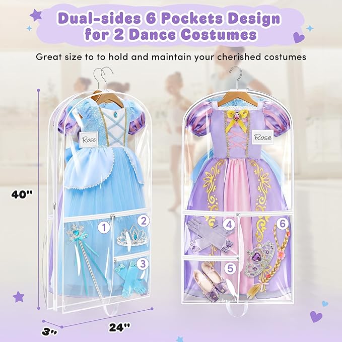 SLEEPING LAMB Dual-sided 6 Pockets Dance Garment Bags for Dancers, 40" Clear Kids Dance Costume Bag for Dance Competition Hanging Garment Bag for Ballet, Outfits, Cheer Uniform, Dress, 2 Packs, White