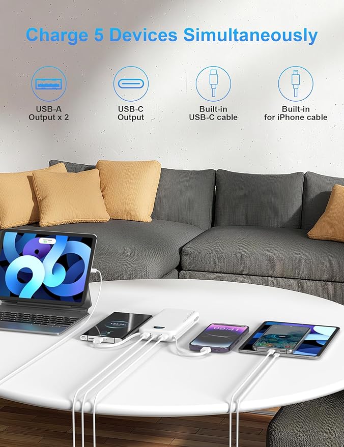 Ffnpua Portable Charger with Wall Plug, 10000mAh USB C Power Bank Fast Charging, External Battery Pack with Built in Cables, Digital Display, 5 Output 4 Input for iPhone Android Cell Phone Tablet