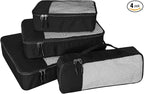 WTREE 4-Piece Packing Cubes Travel Accessories Set for Suitcases - Luggage Organizer Bags with Double Zipper - Mesh Top - Small/Medium/Large/Slim - Black