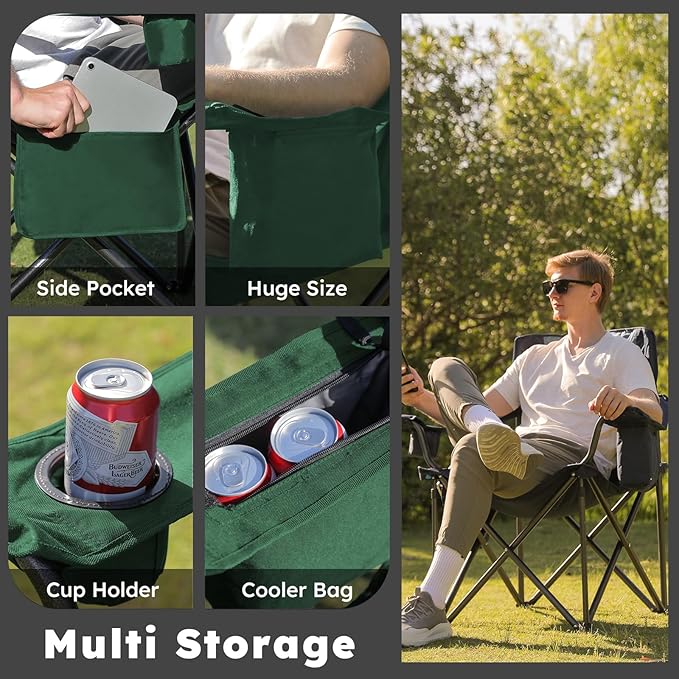 Colegence Oversized Folding Camping Chairs - 450 LBS Support Heavy Duty Camp Chair with Padded Cushion, Portable Outside Chairs with Carry Bag，Cooler, Cup Holder for Outdoor, Lawn, Sports - Green