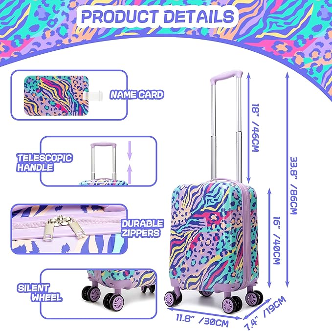 Kids Luggage with Spinner Wheels 5 Piece Carry on Suitcases for Girls Backpack with Lunch Box Pencil Case 16" Toddler Suitcase Set Airline Approved (Blue Purple Leopard)