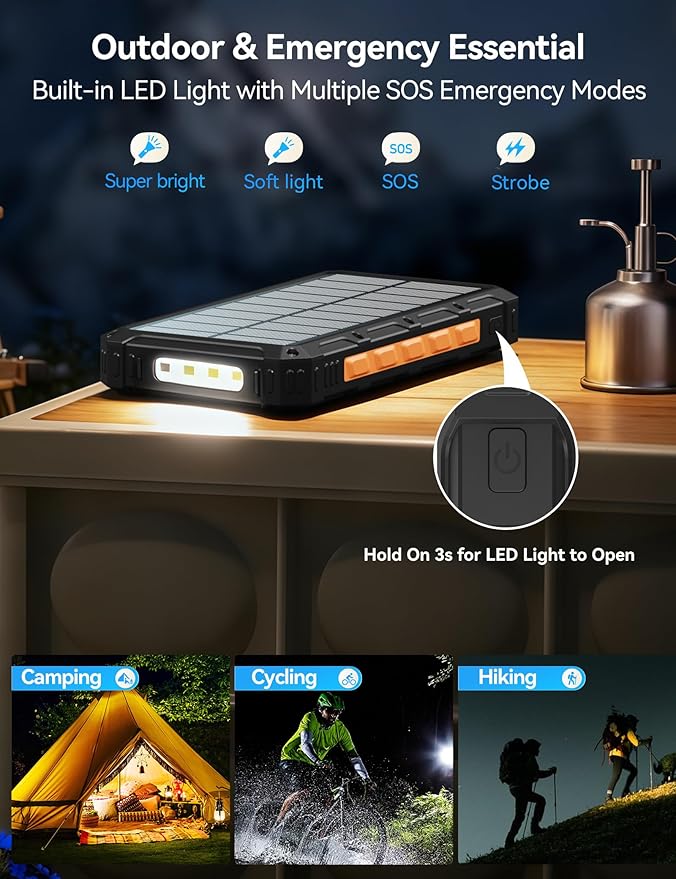 Solar-Charger-Power-Bank - 20000mah Solar Powered Battery Charger Cell Phone,20W Fast Charging Built in Cables,Camping Essentials Portable External Battery Pack Compatible with Multiple Devices