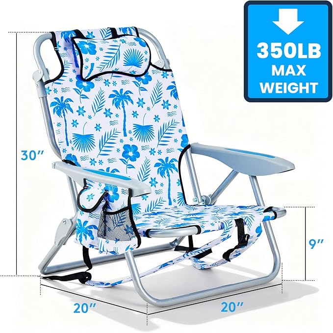 2 Pack Lightweight Portable Camping Beach Chair for Adults, Outdoor Lay Flat Folding Beach Chairs with 5 Positions, Backpack Beach Chair with Towe, Zipper Pouch, Cup Holder, Blue Coconut Tree