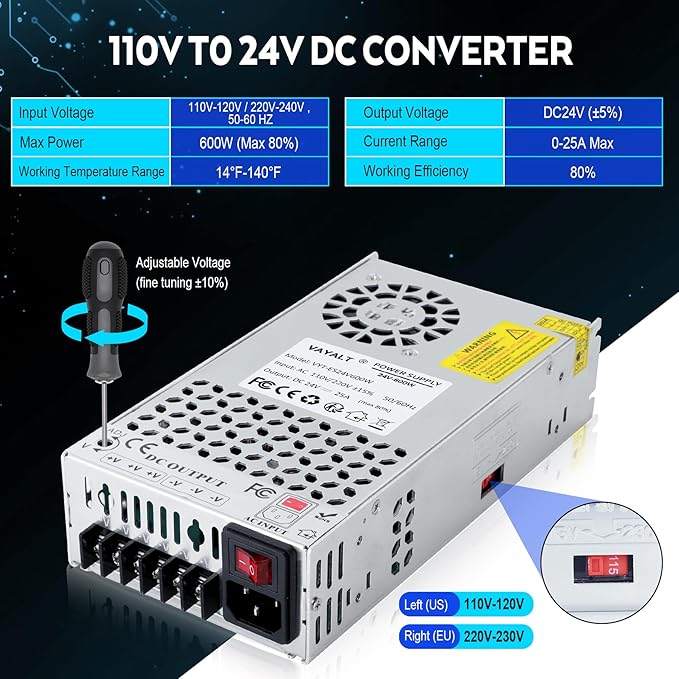 VAYALT 24V 25A 600W DC Switching Power Supply, Universal Regulated Switching AC 110V/220V to DC 24V Transformer, 24V Power Supply for Industrial, CCTV,Computer Project, LED Strip Light (No power Cord)