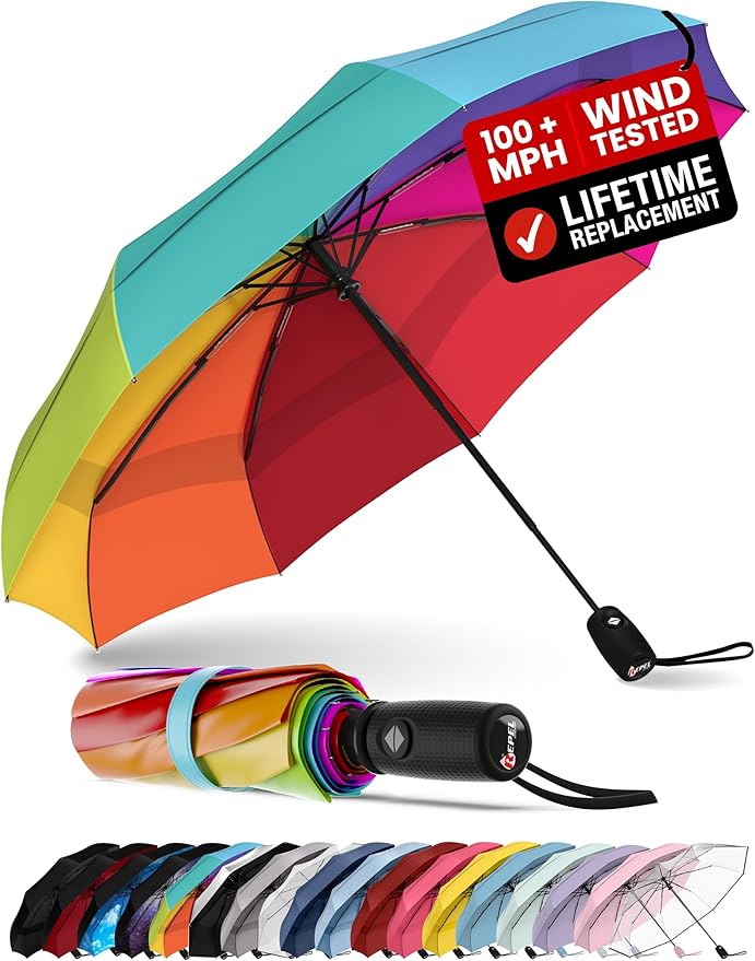 Repel Windproof Travel Umbrella - Compact & Withstands Winds up to 100MPH , Strongest Premium Auto Folding Umbrella for Rain and Sun - Durable, Light & Portable for Women & Men , Fits Backpack & Cars