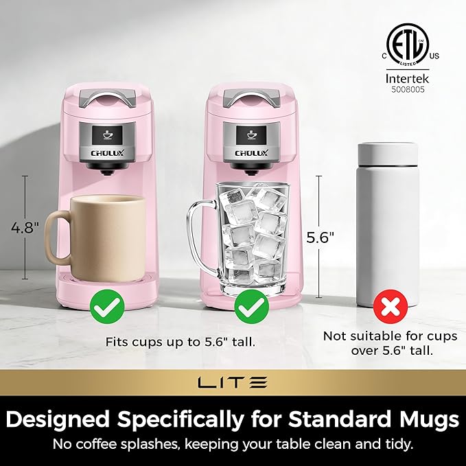 CHULUX Lite Single Serve Coffee Maker for K Cup Capsules, Single Cup Reservoir Coffee Maker with One Touch Brewing, 5 to 12 Oz Brew Sizes, Designed Specifically for Standard Mugs, Pink