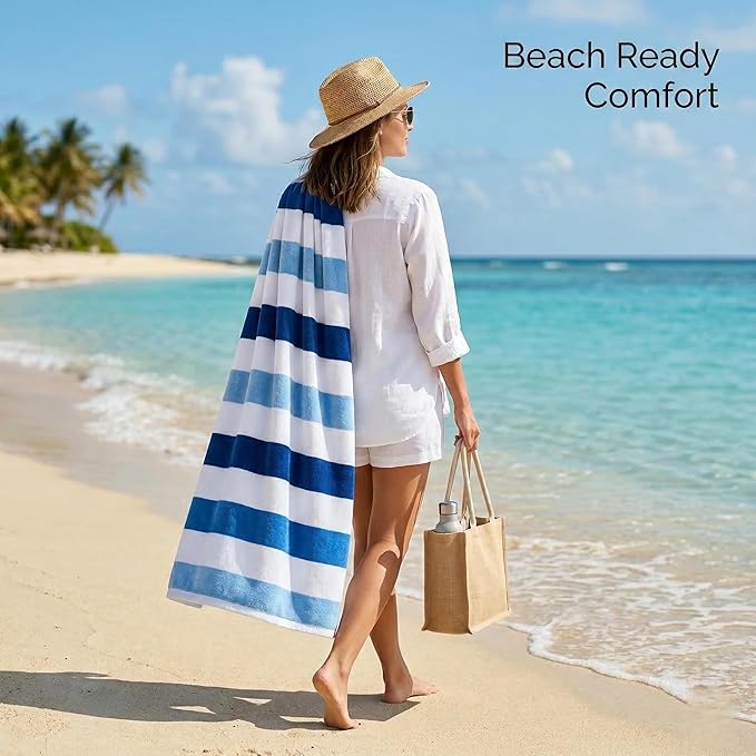 Premium Velour Cabana Beach Towel 2 Pack, 30” x 60” Soft Plush Cotton Pool Towel, Absorbent Quick Dry Towel for Beach and Pool (Riviera Stripe)