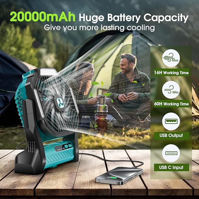 Portable Rechargeable Fan, 20000mAh Cordless Battery Powered Camping Tent Fans with LED Lantern, Small USB C Operated Outdoor Ventilador for Travel Camp Fishing Picnic Bedroom Power Outage Emergency