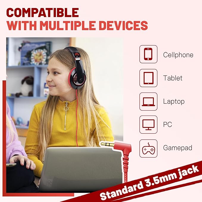 rockpapa Comfort Kids Headphones for School, Lightweight Foldable Portable Childs Boys Girls Teens Headphones Wired 3.5mm with 4.9ft Cord for Travel Airplane Tablet Phone Pad Laptop Black/Red