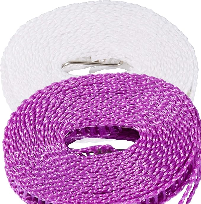 Foshine 2 Pack Clotheslines 1.64ft Length Camping 5m Clothesline White Purple Drying Rope Portable Windproof Travel for Indoor Outdoor Laundry