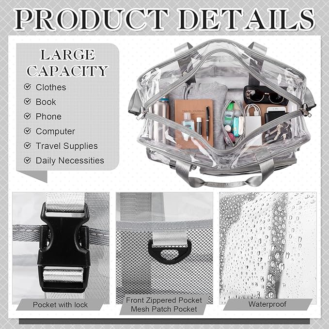 Abbylike Clear Bag Large Heavy Duty Tote for Stadium Events 20" Duffle Transparent Gym Bag for Sport Event Travel Makeup Work