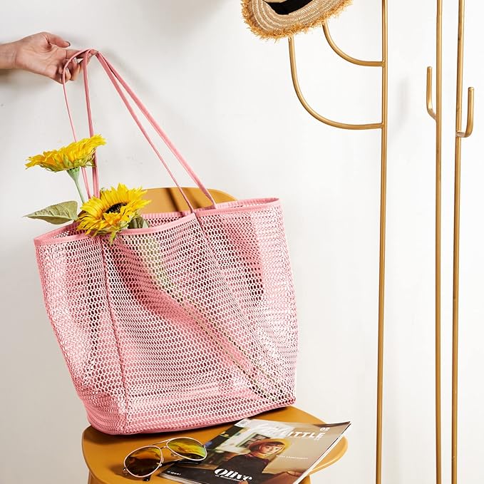 KALIDI Beach Nylon Mesh Tote Bag, Casual Tote Bag Hobo Women Foldable MAX 23L Shoulder Bag For Beach Picnic Vacation