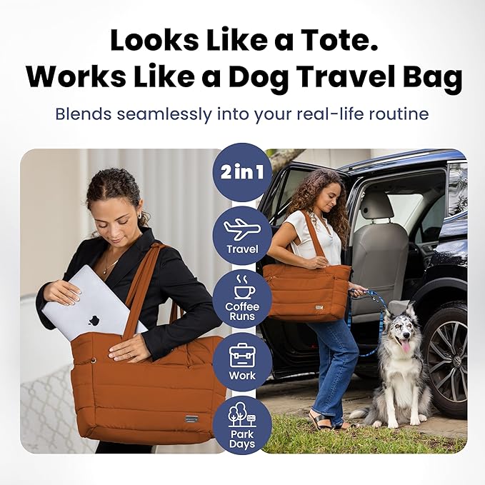 rubyloo Puffer Dog Travel Bag for Dog Moms – Doggy Diaper Bag with Pet Bowls & Food Storage or Everyday Puffy Tote – Doggy Mom Gifts for Women – Lightweight, Travel-Ready Gift for Pet Lovers - Rust