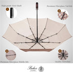 Balios Travel Folding Umbrella with Real Wood Handle Auto Open Close Vented Windproof Canopy - Designed in UK