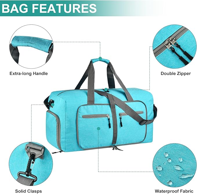 Dimayar 65L Travel Duffle Bag for Men Women - Foldable Duffel Bag with Shoes Compartment - Overnight Bags Waterproof & Tear Resistant(Mint Green)