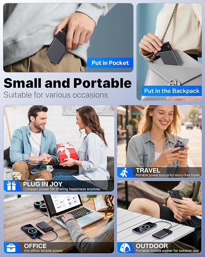 Aaoyun Portable Charger Power Bank, 10000mAh 22.5W PD Fast Charging Powerbank with Built-in USB C Cable, Slim External Phone Battery Pack for iPhone 17/16/15 Samsung S24 Android etc (Grey)