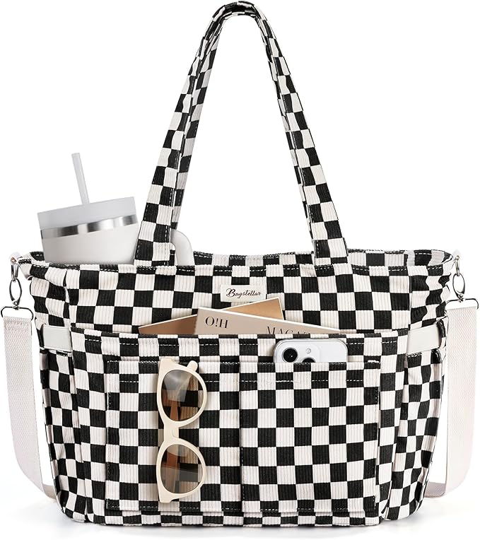 Bagstellar Corduroy Tote Bag for Women, 17 Pockets Laptop Work Tote Bag Lightweight Teacher Nurse Bible Bag for School Travel | with 40oz Cup Holder, Multi Compartment, Zipper Crossbody Bag, College Shoulder Bag, Daily Purse w/ Strap, Ideal Gift for Women