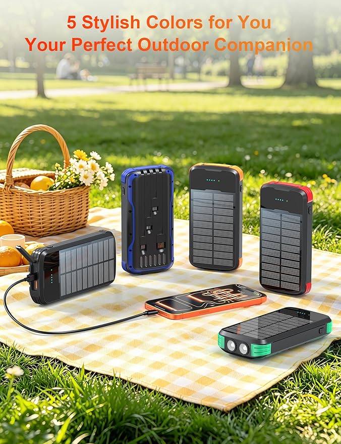 Solar Charger Power Bank, PD 20W Fast Charging External Batter, 40000mAh Portable Phone Charger Built in 4 Cables with Dual Bright Flashlights for Camping, Hiking, and Outdoor Use（RED）