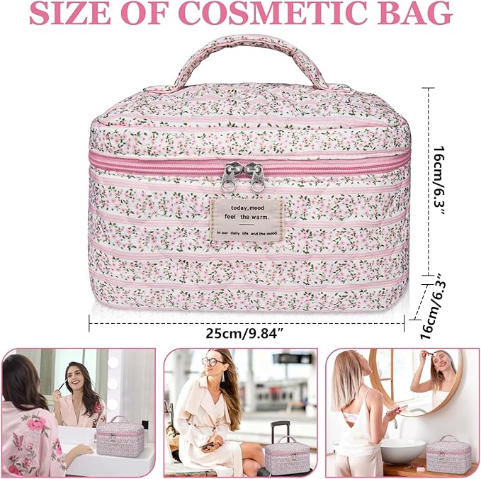 Gosect Large Makeup Bag, Cute Cosmetic Bag for Women Girls, Floral Coquette Aesthetic Toiletry Bag, Travel Make Up Organizer Bag(Small Pink Floral