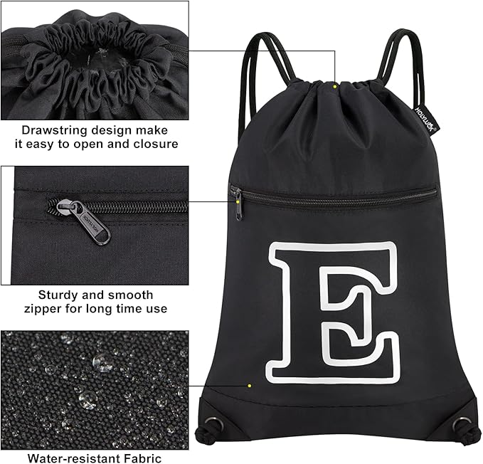 HOLYLUCK Drawstring Bags Initial Backpack Sackpack Cinch Bags for Sports, Gym, Travel, Beach (Black-E)