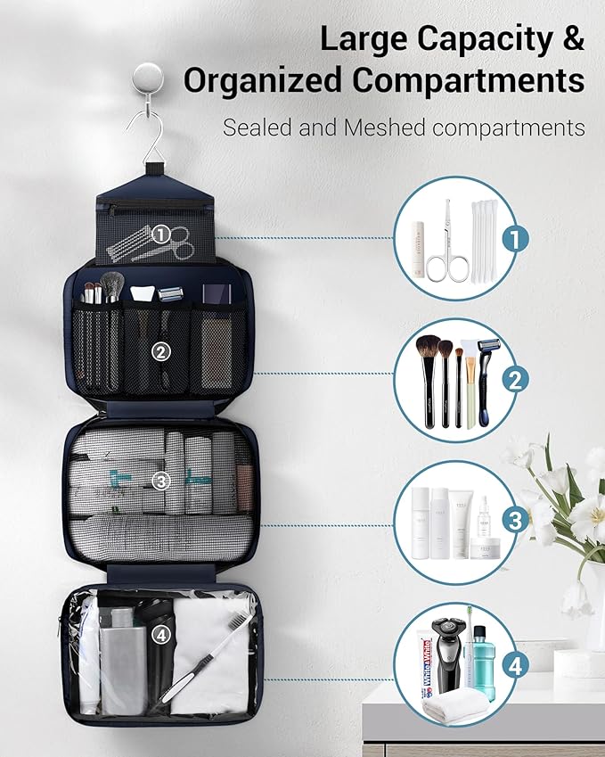 Maliton Toiletry Bag for Men & Women Travel Toiletry Bag Hanging Toiletry Bag Hygiene Organizer with 4 Compartments Waterproof Bathroom Shower Bag Large Toiletries Travel Bag(Black (Navy Blue)