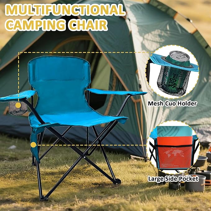 Camping Chair 2 Pack Portable Folding Chair with Cup Holder and Cooler Bag, 285lbs Capacity, Upgraded Foldable Chair for Outdoor, Beach, Fishing, Backpacking, Sky Blue