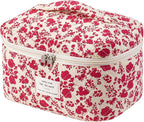 uekeboag Large Travel Quilted Makeup Bag for Women, Floral Cotton Cosmetic Bag, Coquette Aesthetic Floral Toiletry Organizer Bag