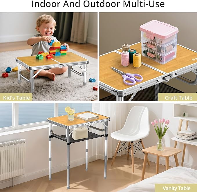 Anbte 2ft Camping Table Foldable, 3 Adjustable Heights High 27.5" Aluminum Small Folding Table with Carrying Handle, Portable, for Outdoor Indoor Picnic Beach BBQ Travel, 24" x 16", Light Oak Grain