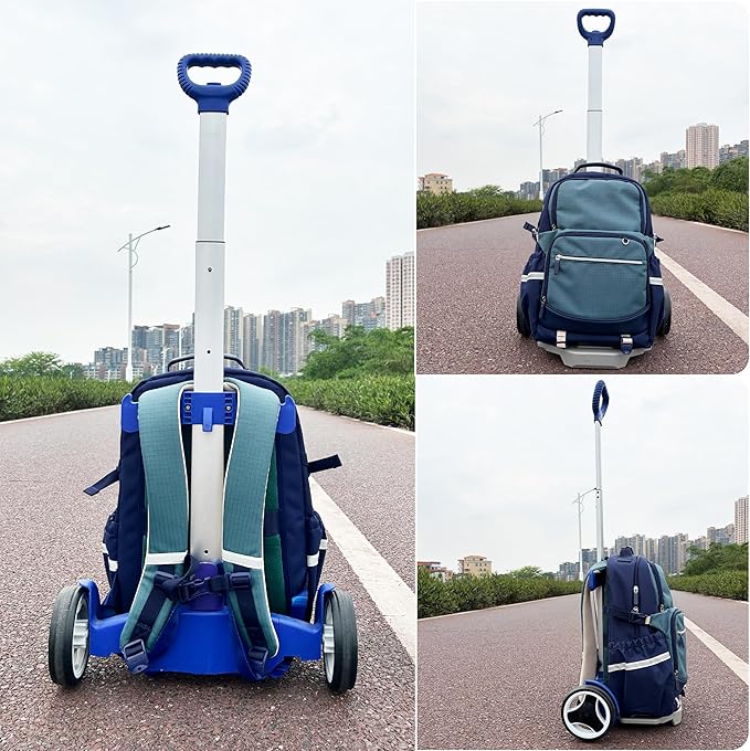 Rolling Backpack Cart for Travel, Commuting & Daily Use, Foldable Aluminum Trolley with Adjustable Handle, Lightweight All-Terrain Backpack Carrier – Royal Blue, Quiet Large Wheels