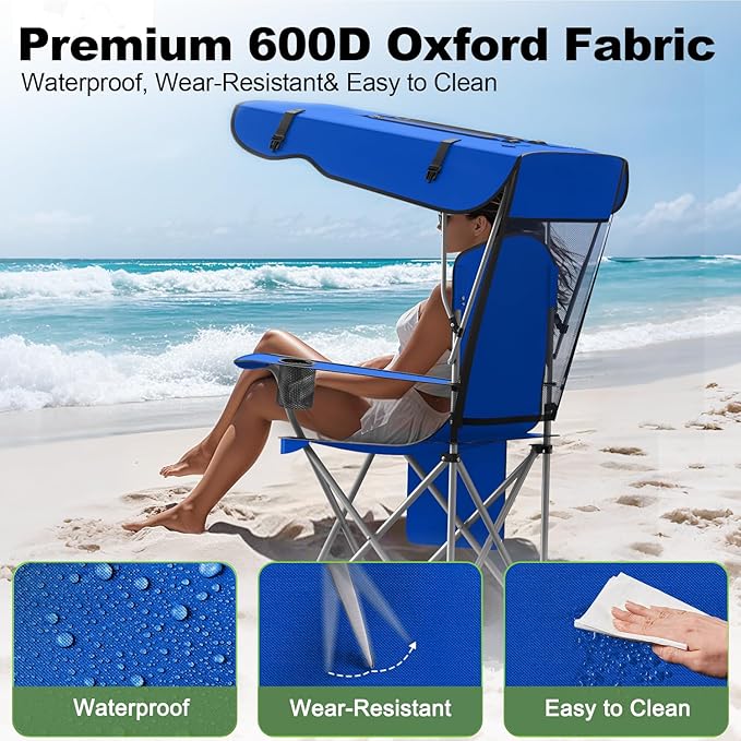 VTOY Portable Camping Chair with Canopy - Folding Chair with Canopy, Durable 600D Oxford Canopy Chair for Camping, Beach, Picnics, Fishing & Sports