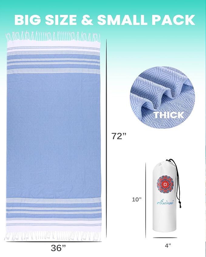2 Pack Antfuny Turkish Beach Towel Vacation Essentials Quick Dry Sand Free Soft Absorbent Adult Oversized Bath Pool Swim Long Wide Stripe Towel Sound Cloud Linen Mat Summer Thing Lightweight Thin Blue