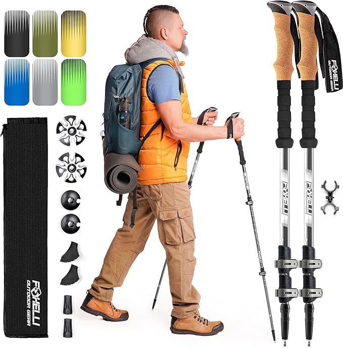 Foxelli Trekking Poles – Lightweight Collapsible Aircraft Grade Aluminum Hiking Poles with Cork Grips Quick Locks & All-Terrain Accessories – Pair of 2