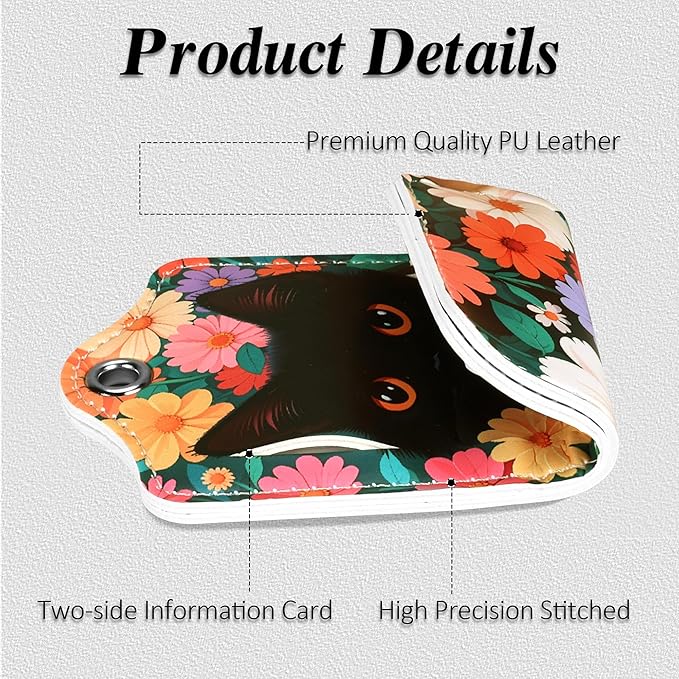 Luggage Tags for Suitcases, 2 Pack Cute PU Leather Luggage Tag TSA Approved with Stainless Steel Loop and Address Card Baggage Tag for Travel&Cruise Ships&Shipping Black Cat Floral, by Chelmon
