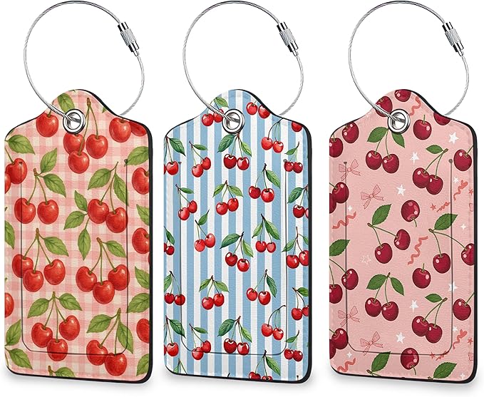 Cherry 3 Pack Luggage Tag for Suitcase, Leather Bag Tags with Privacy Cover ID Label and Durable Steel Loop for Cruise Airport Travel