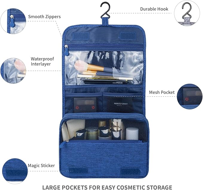 Lcsmaokin Large Capacity Toiletry Bag Travel Bag with Hanging Hook for Men and Women Waterproof Travel Cosmetic Bag Bathroom Storage Bag for Brushes Set, Full-Sized Shampoo, Toiletries, (Navy Blue)