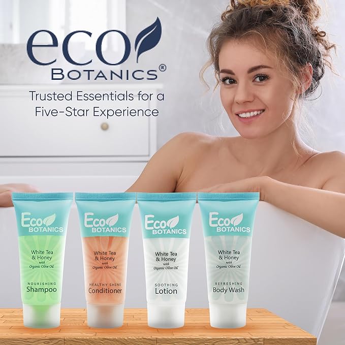 Travel Size Hotel Toiletry Set 80 Count 0.85 oz Bottles Guest Amenities for Vacation Rentals and Short Term Rentals Paraben Free White Tea Scent Infused with Aloe and Olive Oil by Eco Botanics