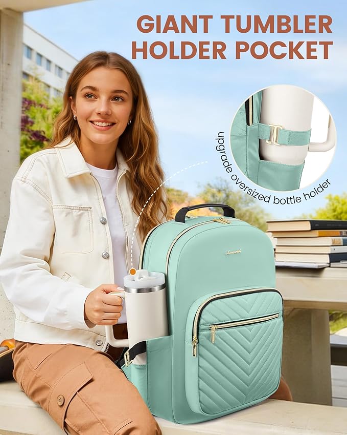LOVEVOOK Laptop Backpack for Women with Giant Tumbler Holder 15.6 inch,Designer Travel Backpack Laptop Bag College Backpack,Quilted Work Nurse Teacher Backpack Purse Computer Bag Daypack,Mint Green