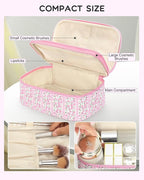 Relavel Cute Makeup Bag for Girls, Portable Pink Cosmetic Bag, Dual-layer Makeup Pouch with Brush Holder, Multi-Functional Preppy Toiletry Organizer for Travel, Daily Use - Pink Flower