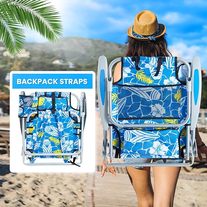 2 Pack Lightweight Portable Camping Beach Chair for Adult, Outdoor Lay Flat Folding Beach Chairs with 5 Positions, Backpack Beach Chair with Towel Bar, Zipper Pouch, Cup Holder, Hawaiian Style
