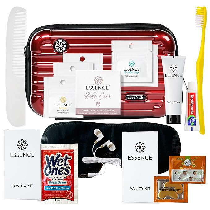 Essence Travel Amenity Kit | Travel Essentials & Travel Size Toiletries Kit | 5-Pack Nasal Diffuser Rings, Sleep Mask, Lotion & Hygiene Kit | Travel Toiletry Kit for Women | Burgundy Case