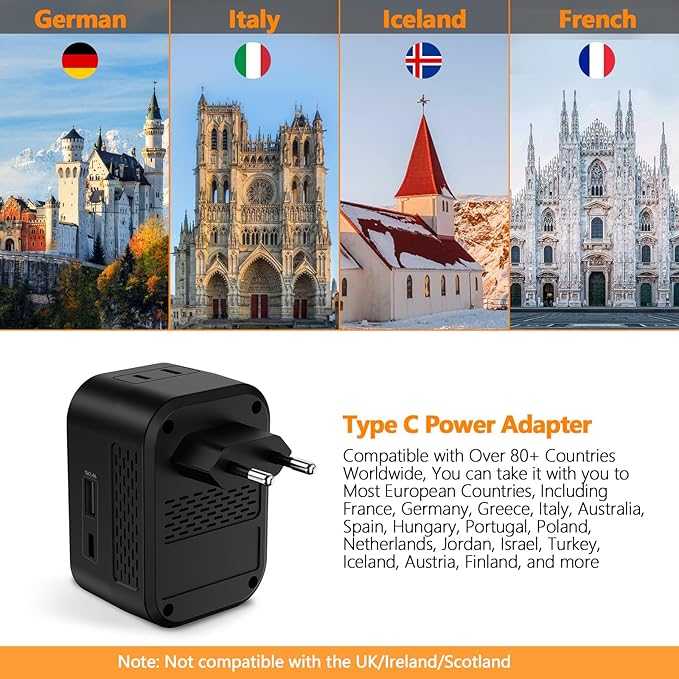 220V to 110V 20W PD Voltage Converter US to Europe International Universal Travel Adapter with 2 USB A 2 Type-C Port Worldwide Power Converters Plug Combo for Spain Italy (Black)-MB