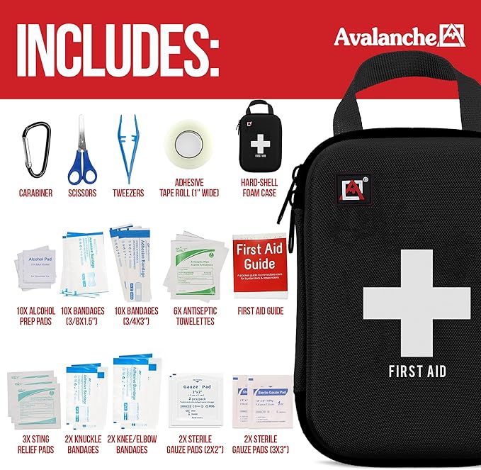 Avalanche 53 Pieces First Aid Kit, Compact Emergency Supplies Kit for Home, School, Car, Travel, Sports or Camping in Hard Shell Foam Case, Portable Mini First Aid Kit, Black