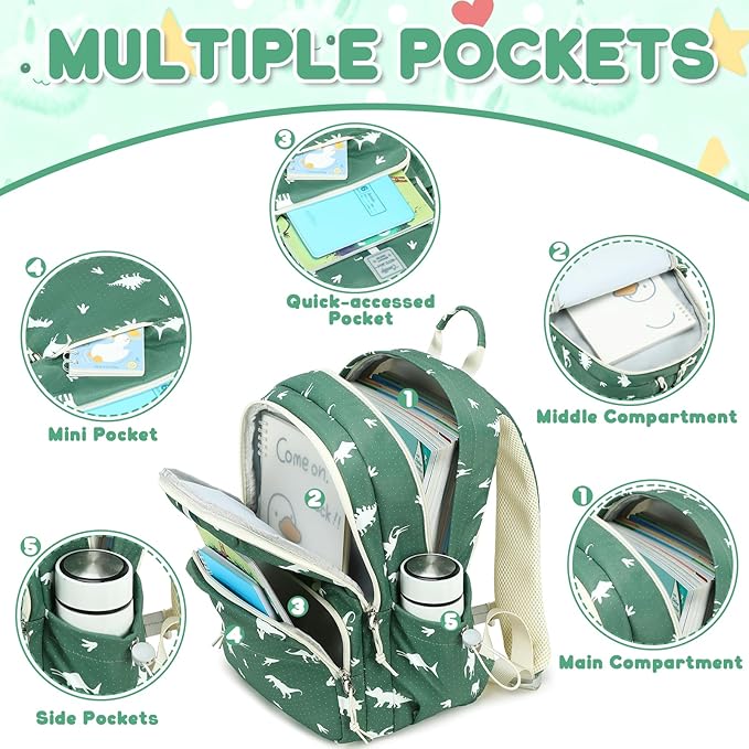 CAMTOP Preschool Backpack for Kids Boys Girls Toddler Backpack Kindergarten School Bookbags for Age 3-8 (Green Dinosaur)