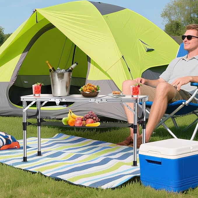 Anbte Folding Camping Table with Storage Net, 3ft Camping Table Aluminum Folding Table with 3 Adjustable Height Max 27.1 Inch, Portable, for Outdoor Backyard BBQ, Silver