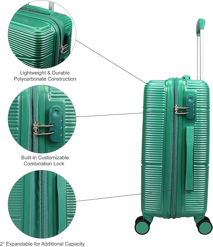 World Traveler VentureX Airline Approved 2-Piece Carry-On Luggage Set – Lightweight Hardside Polycarbonate Suitcase with Spinner Wheels - Green