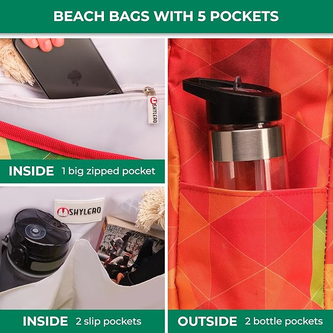 Beach Bag and Pool Bag Has Cooler Pocket, 7 Pockets Total, Zip Top. Family Size Waterproof Beach Tote