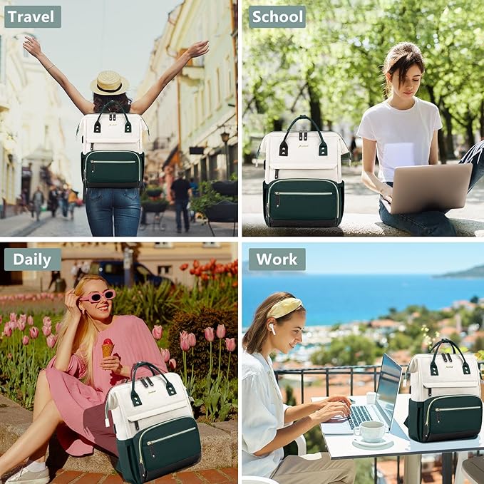 Laptop Backpack for Womem Work Bags: 17.3 Inch Travel BackPacks With USB Charging Port Anti Theft Fashion College BookBag Durable Daypack Purse Bussiness Back Pack for Nurse Teacher Green Beige