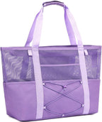 Fammart Mesh Beach Bag, Large Beach Tote with Zipper Pocket, Toys Pool Bag for Family Travel Vacation Cruise Essentials