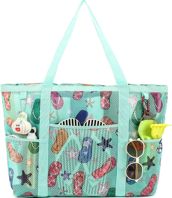 Fammart Mesh Beach Bag with Zipper, Large Beach Tote for Women, Toys Pool Swim Bag Travel Vacation Cruise Essentials