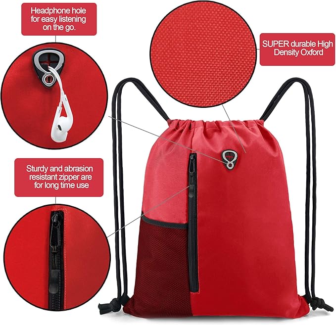 BeeGreen Red Lightweight Drawstring Backpack For Women W Water Bottle Pocket &Front Zippered Pocket Large Sports String Sackpack For Traveling Yoga Beach Outdoor Gym